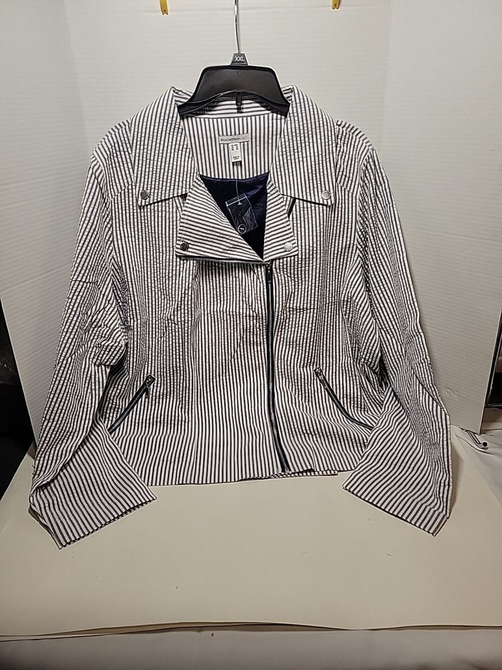 New Isaac Mizrahi Seersucker Motorcycle Jacket 28W Blue White Stripe Moto NWT